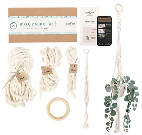 LivingHows DIY Macrame Wall Hanging Kit Wooden Rings - Plant Hanger Customized Cotton Cord, Instructional Video and Booklet - Complete Craft Supplies Accessories for Men, Women, Adults and Beginners