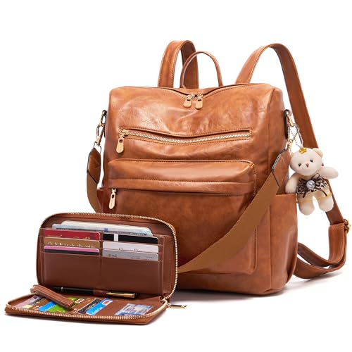Image of Soperwillton Women Backpack Purse Shoulder Handbags Travel Bag Set 2pcs | Soft PU Leather,Large Capacity,Many Pockets,with a Functional Wallet,with a Detachable Shoulder Strap,Multipurpose Design