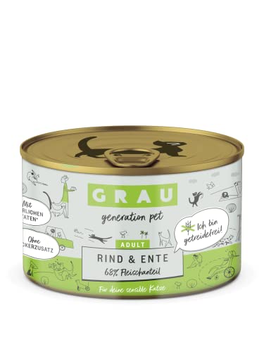 GRAU – das Original – Nassfutter für Katzen - Rind & Ente, 6er Pack (6 x 200 g), für Sensible Erwachsene Katzen