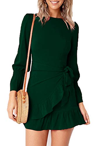 Feager Women's Fall Winter Long Sleeve Bodycon Sweater Dresses Elegant Ruffle Wrap Dresses(Deep Green L)