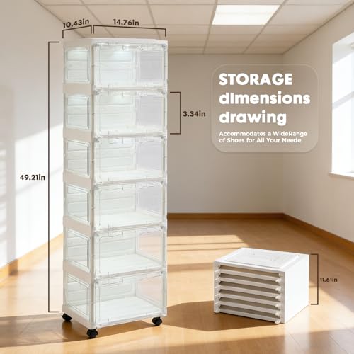 Image of Collapsible Shoe Rack Organizer with Doors & Lights, 6-Tier Foldable Shoe Cabinet with Wheels, Large Plastic Shoe Shelf with Transparent Windows, Easy Assembly Storage for Entryway Hallway