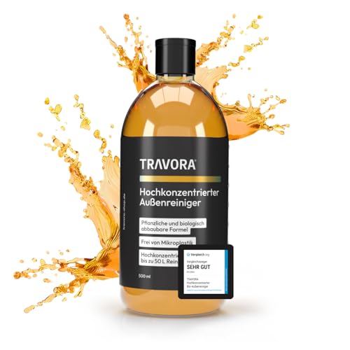 TRAVORA Hochkonzentrierter Bio-Außenreiniger für Caravan, Camper & Auto - bis zu 50L Reinigungslösung - biologisch abbaubares Auto Shampoo & Caravan Reiniger - 500ml Wohnwagen Reiniger aussen