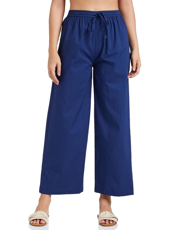 Image of Pack of 1 Stylish & Comfortable Rayon Cotton Straight Cut Wide Legs Palazzo Trousers for Women /Knitted Rayon Cotton Ethnic Palazzo White