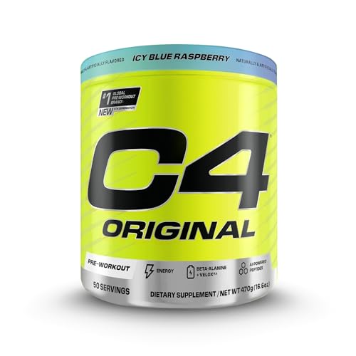 Cellucor C4 Original Pre Workout Powder Icy Blue Raspberry Zero Sugar Energy Drink for Men & Women 150mg Caffeine with Beta Alanine Creatine & Vitamin C 50 Servings