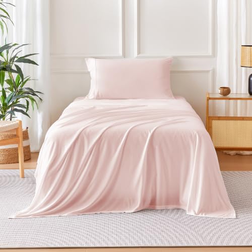 Image of Amazon Basics Jersey Knit 3-Piece Sheet Set, Wrinkle Resistant and Easy Fit, Includes 16 inch Deep Pocket Fitted Sheet, 1 Flat Sheet and 1 Pillowcase, Twin, Pink