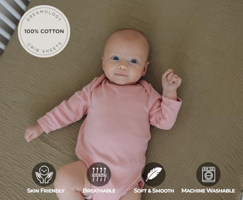 Image of Dreamology Standard Crib Sheets,Muslin Crib Sheets,100% Cotton Crib Sheet | 2 Pack Crib sheets,for Boys,Girls, Muslin Crib Sheet for Standard Crib, 52x28 Crib Mattress Sheets | Olive and Ecru