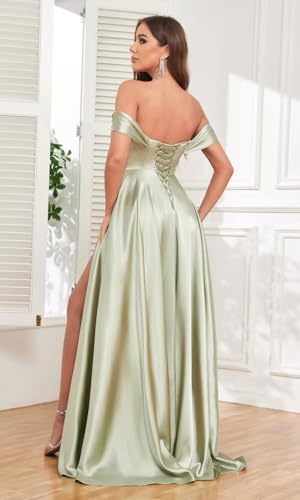Image of JKMMYO Satin Bridesmaid Dresses for Women Off The Shoulder Pleated Long Formal Evening Dress