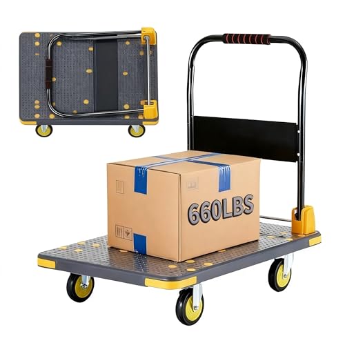 Push Cart Dolly – Foldable Heavy-Duty Flatbed Platform Cart with 360° Rotating Wheels for Moving, Ideal for Food Trucks and Trailers, 660 lb Load Capacity, BlackGray by DIAMONDFORGE - Used condition - US$75.98