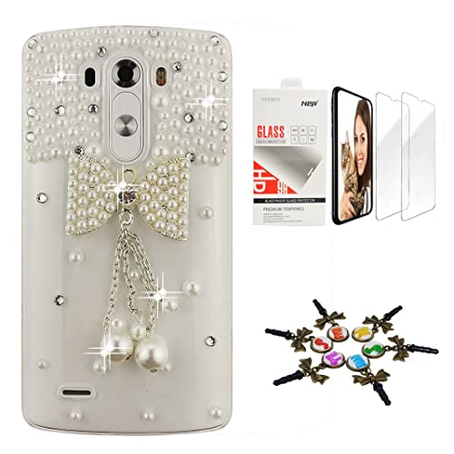 STENES Bling Phone Case Compatible with LG Stylo 5 / Stylo 5V / Stylo 5 Plus - Stylish - 3D Handmade [Sparkle Series] Bowknot Pearl Pendant Design Cover with Screen Protector [2 Pack] - White