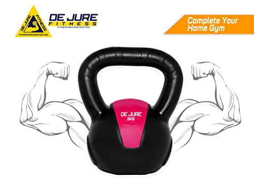 Image of De Jure Fitness PVC Kettlebell 3kg for Men & Women Strength & Cardio Training, Soft Grip, Crushed Concrete Filled, Full Body Workout Equipment for Home & Gym - Pink - Black