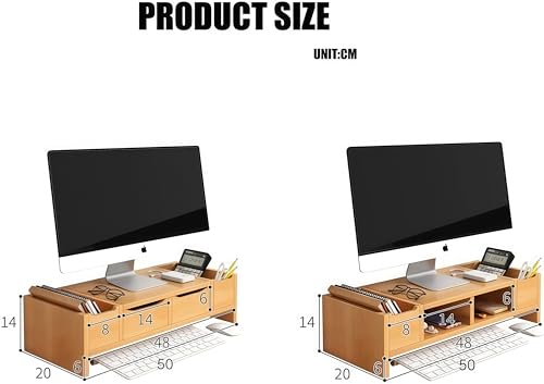 Supporto salvaspazio in legno per monitor con cassetto, 2 ripiani, per computer e TV a schermo piatto, elegante supporto da scrivania per casa e ufficio