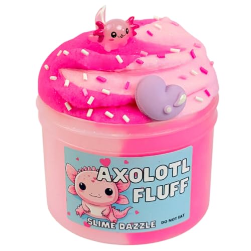 Axolotl Fluff Slime 8 FL OZ – Soft Pink Cloud Slime with Raspberry Sugar Scent – Includes Axolotl Charm – Beginner-Friendly Non-Sticky Sensory Toy