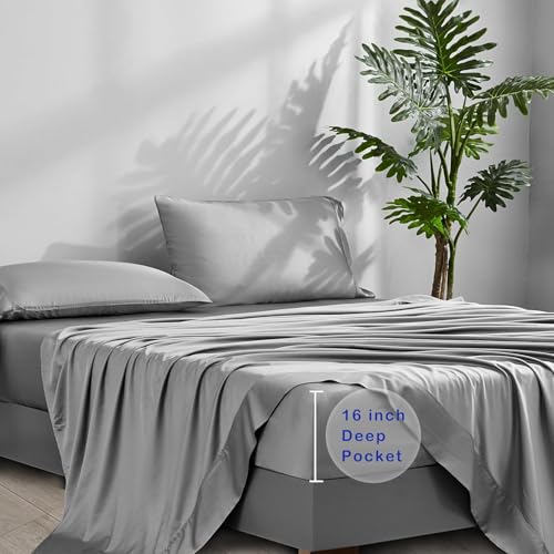 Image of ACCURATEX Cooling Sheets Split King Size Grey - Viscose Made from Bamboo, Luxury Hotel Sheet Set for Adjustable Bed, Super Soft Breathable Bedding Sheets up to 16 inches Deep Pockect