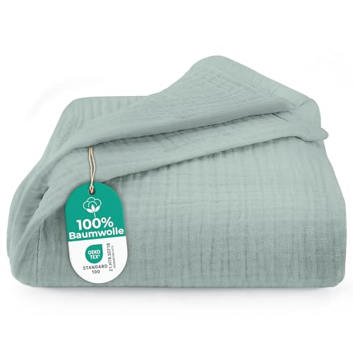 Dreamzie Musselin Tagesdecke 220x240 cm Baumwolldecke Oeko-Tex Zertifiziert Atmungsaktive Kuscheldecke leichte Kuscheldecke Baumwolle als Sofa- Bett- & Couchüberwurf Hellgrün
