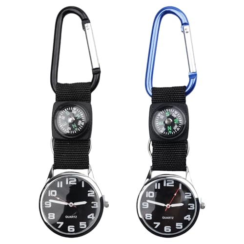 Nizirioo Reloj de bolsillo con mosquetón y brújula, 2 unidades, práctico reloj de exterior para hombre, enfermeras, ciclistas y excursionistas