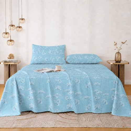 Image of Jaipur Weaves Cotton King Size Bedsheet 108x108 Super King, 100% Pure Cotton Bed Sheet with 2 Pillow Covers, 240 TC Soft Breathable Floral Design Bedding - (Blue, Super King)
