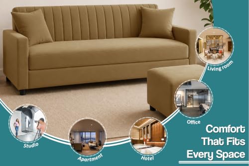 Image of 3 Seater Wooden Sofa Set with Ottoman for Living Room | Premium Velvet Fabric Wooden Frame | Modern Design | Comfortable Cushioned Sofafor Home, Office & Lounge | Golden