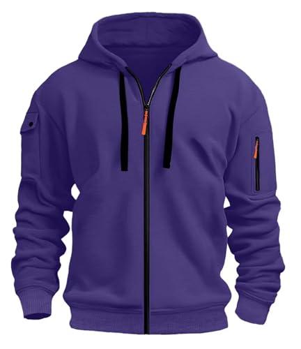 Image of MakingDa Mens Hoodie Long Sleeve Pullover Zipped Pocket Cuffed Shirts Hoody Fleece Slim Fit Casual Winter Hooded Sweatshirts Purple S