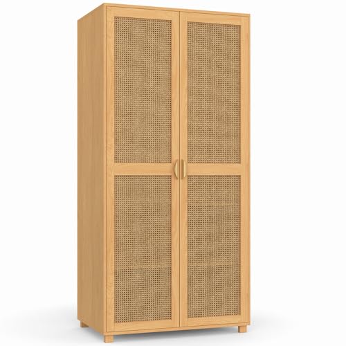 IDMarket - Armoire 2 Portes EDHEN Bois et cannage penderie 80 cm avec étagères Rangement