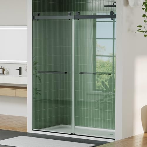 Image of Shower Doors 56-60 inch W x 74 inch H, Frameless Double Sliding Door, 1 /4 inch (6mm) Clear Tempered Glass, Space-Saving Design for Modern Bathrooms