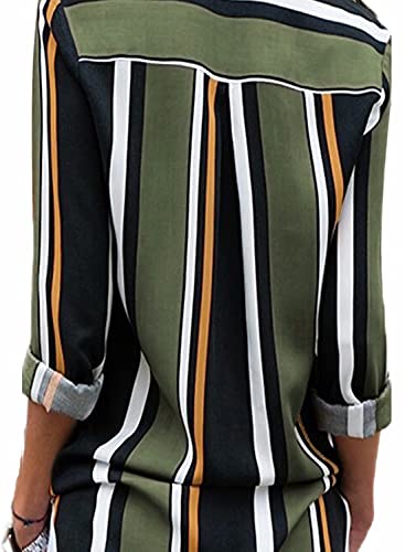 Astylish Women Casual Cuffed Long Sleeve Button Up V Neck Tunic Shirts Tops Green X-Large #TOP1