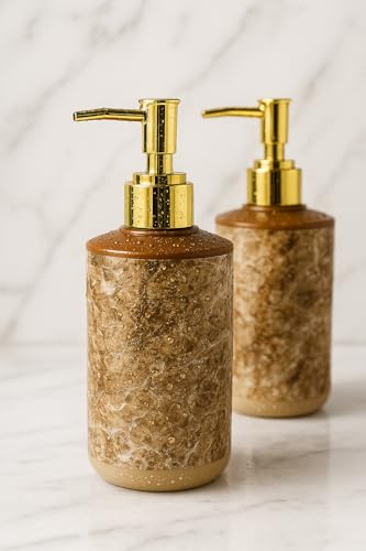 Image of LAGET 300ml Soap Dispenser for Wash Basin - Marble Golden Print | Kitchen and Bathroom Accessories Items | Refillable Handwash Dispenser Bottles- Set of 2 (Brown Twinkle)