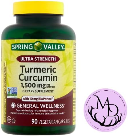 Spring Valley Turmeric Curcumin 1500mg- with Black Pepper Vegetarian Capsules, 90ct +DRI Store Sticker.