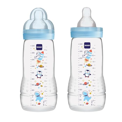 Image of MAM Easy Active Baby Bottle 2 Pack, 11oz, BPA Free, Fast Flow Silicone Nipple, Anti-Slip Grip, Leak-Proof, 4+ Months, Blue Teal