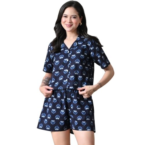 Image of Women Cotton Pajama Set Shirt & Shorts | Co-Ord Night Suit Soft Breathable Printed Sleepwear Lounge Wear Comfortable