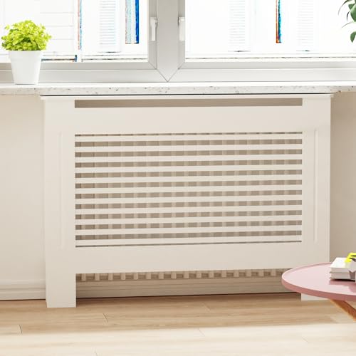 Miniatura 7 de Fativo Cubierta De Radiador Alta Blanca Moderna: 100 Cm De Altura Interior Consola Cubreradiador De Madera Armario Cubre Radiador De Mdf Estante Para Calentador Horizontal, 111x19x101 Cm