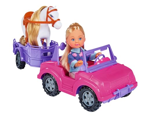 Simba 105737460 - Evi Love Evi Horse Trailer, mit rosa Jeep, lila Pferdeanhänger und Pony, Ankleidepuppe, 12cm, für Kinder ab 3 Jahren