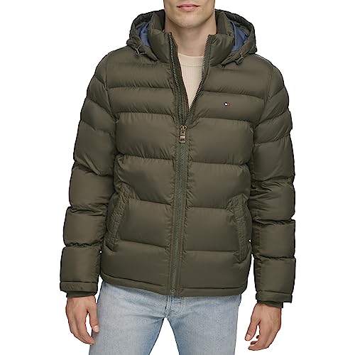Tommy Hilfiger Men's Classic Hooded Puffer Jacket (Standard and Big & Tall), Olive, Medium