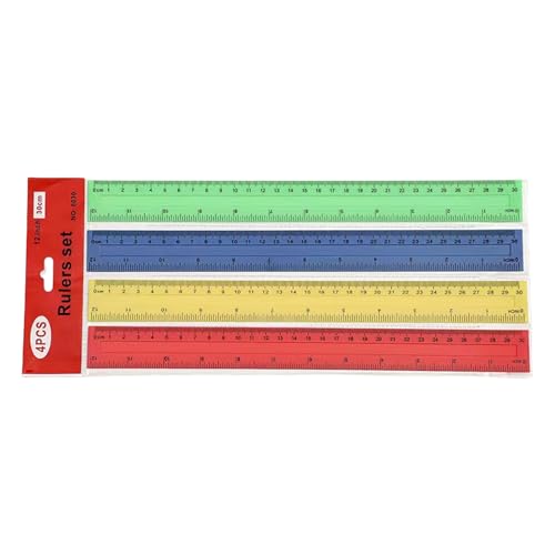 4pcs 12インチカラフルな明確な定規インチセンチメートルスケール数学ルーラー描画測定と起草の描画のためのルーラー