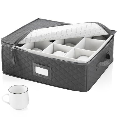 Kinberry Cup Storage Box - 2 Pack Mug Storage Boxsand with Dividers Containers Holds 24 Glassware, Stackable Coffee Mug Organizer Bin and Tea Cup with 2 Metal Zipper and Handles