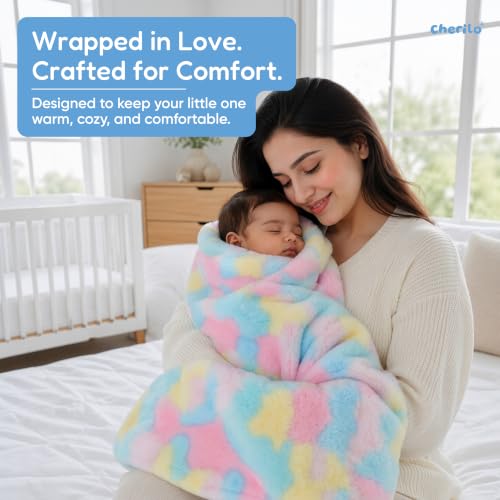 Image of Cherilo Ultra Soft Baby Blanket, Double-Sided Plush Faux Fur, Skin Friendly & Machine Washable, Ideal for New Born Baby Gifts, 100 x 75 cm, 0-18 Months, Pastel Rainbow (Pack of 1)