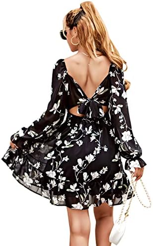 EXLURA Women Tie Back Wedding Guest Dresses Long Lantern Sleeve Square Neck Ruffle Elastic Waist Aline Casual Mini Dress Black Floral
