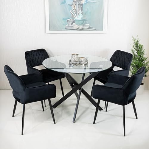 طاولة طعام VANITY LIVING لـ 4 مقاعد مع سطح زجاجي، طاولة عشاء مستديرة قطر 100 سم، طاولة إفطار مطبخ مع قاعدة معدنية سوداء تصميم عصري - أسود