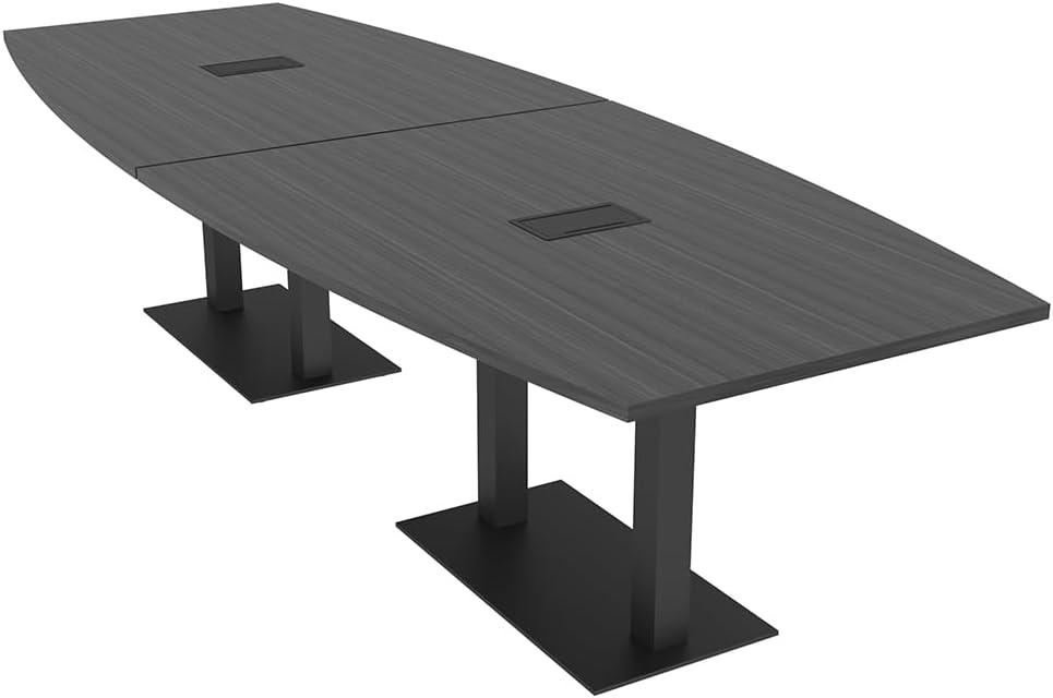 Harmony Series 12-Person Boat-Shaped Modular Conference Table with Power & Data | Matte Black Square Metal Bases | Scratch-Resistant Thermally-Fused Laminate | Easy to Assemble | Asian Night -12ft