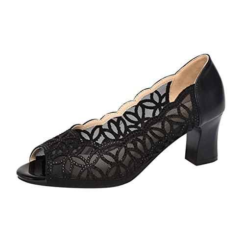 Sandalias sandalias zapatos de verano para mujer de tacón plano/alto moda verano y otoño mujeres zapatos casuales talón grueso boca abierta encaje hueco transpirable zapatos mujer botas, Negro , 37 EU Cover