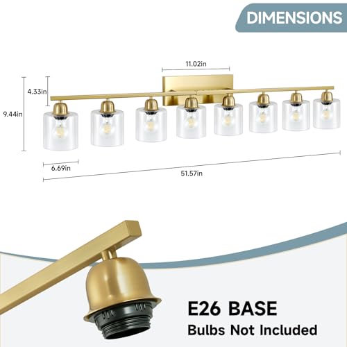 Image of Modern Brushed Gold 8 Light Bathroom Light Fixtures, 52 inch Vanity Lights for Bathroom with Clear Glass, Bathroom Light Fixture for Mirror Kitchen Living Room Hallway Cabinet Porch