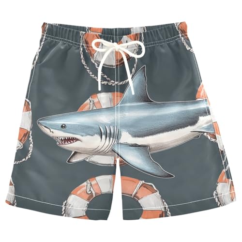Boys Beach Board Shorts Shark Fish Life Buoy Swim Trunk Teen Swimwear