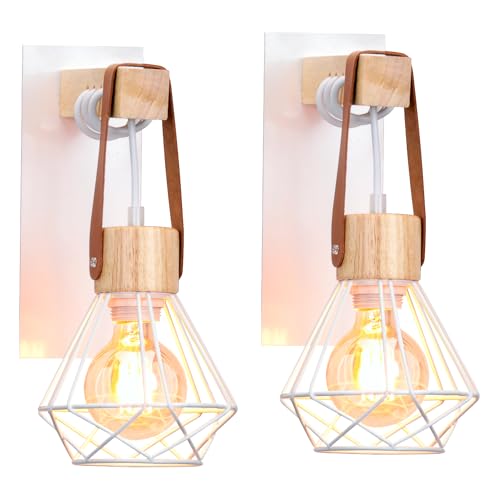 iDEGU 2 Piezas Lámparas de Pared Vintage Diseño de Jaula Aplique Pared Industrial en Madera Metal Iluminación E27 Retro Luz de Pared Interior para dormitorio, Salón, Pasillo, Sala de Estar (Blanco)