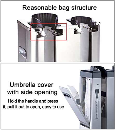 Macchina imballatrice automatica per ombrelli con ruote, supporto per dispenser in acciaio inox, include 500 sacchetti corti e 500 lunghi