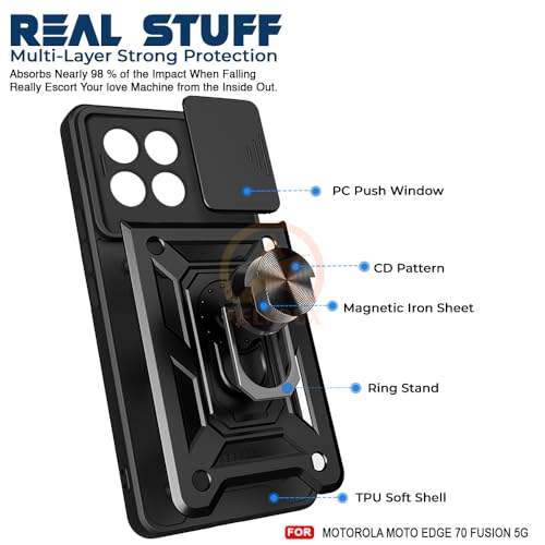 Image of Armor Bumper Back Cover Case for Moto Edge 70 Fusion 5G | Rotating Camera Cover, Ring Holder & Kickstand | Heavy Duty & 360 Degree Protection Moto Edge 70 Fusion 5G Back Cover (Black)