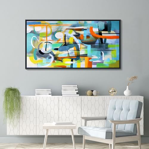 Image of Mofutinpo Abstract Wall Art - Colorful Canvas Wall Pictures with Teal and Blue Line Art - Framed Modern Art for Living Room and Bedroom Wall Decor - Office Wall Art 2448