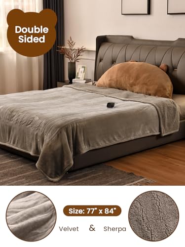 Image of Bearhug Electric Blanket Full Size, 90F-108F Fast Heating Throw with 10 Heat Levels & 1-12H Auto Shut-Off, Machine Washable Soft Velvet and Sherpa Heated Blanket for Bed or Couch, Taupe