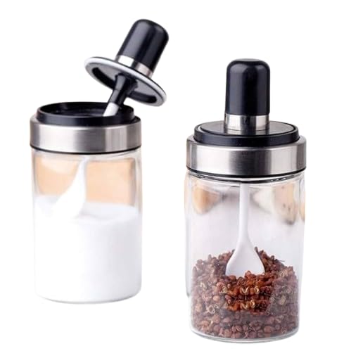 Image of Glass Spice Jar Set with Spoon and Airtight Lid Seasoning Container for Salt Sugar Pepper Coffee Tea Herbs Masala Storage Kitchen Organizer Pack of 2