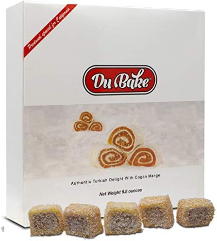 Du Bake Authentic Bite Size Turkish Delight Mini Fruit Flavored Jelly Candy with Cogan Mango -Covered with Coconut for Sweet Dessert Treats Packed in a Gourmet Gift Box