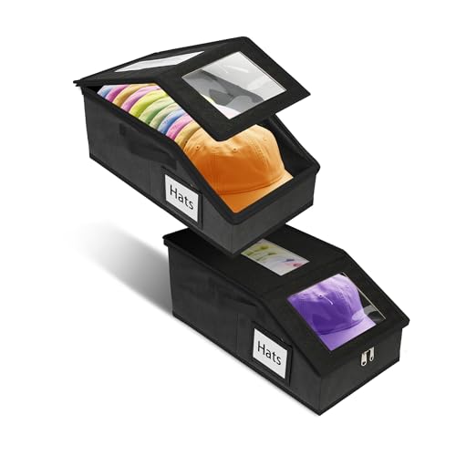 Stackable Hat Storage for Baseball Caps, 2 PCS Hat Storage Boxes for Closet, Holds up to 30 Caps with Cardboard, Hat Organizer for Women & Men(Two Clear Window) (Black)