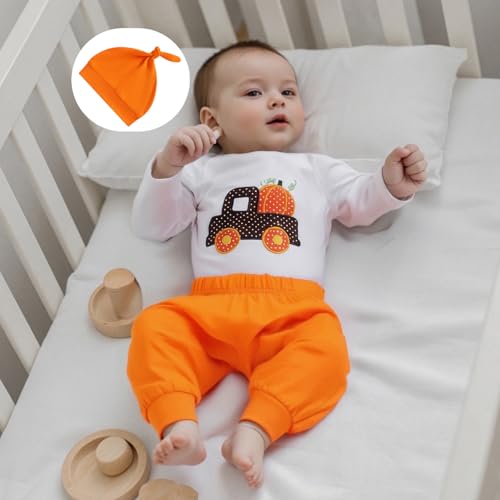 Thorn Tree Baby Boy Halloween Outfit Pumpkin Truck Embroidered Romper Solid Elastic Waist Pants Knot Hat Infant Fall Clothes2